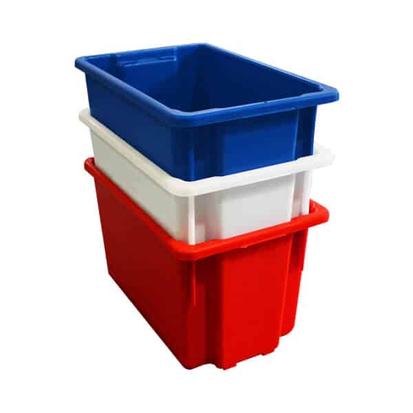 blue, white, and red stack and nest crates nested inside of each other